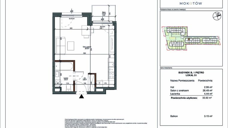 Rzut - Mieszkanie na sprzedaż 1 pokój o powierzchni 33,92 m² - numer 51 w Aura Mokotów II