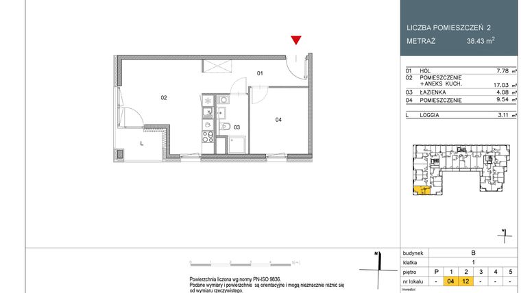 Rzut - Mieszkanie na sprzedaż 2 pokoje o powierzchni 38,43 m² - numer 12 w Morwowa 3 - Apartamenty Inwestycyjne