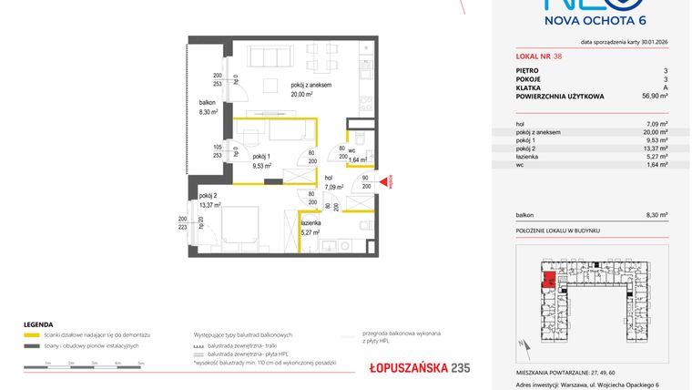 Rzut - Mieszkanie na sprzedaż 3 pokoje o powierzchni 56,9 m² - numer 38 w Neo Nova Ochota 6
