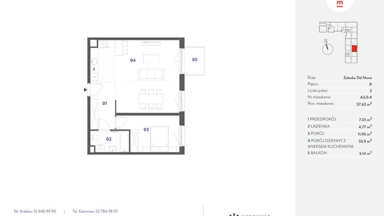 Rzut - Mieszkanie na sprzedaż 2 pokoje o powierzchni 57,63 m² - numer A3.0.4 w Mieszkaj w Mieście - Załęska od Nowa