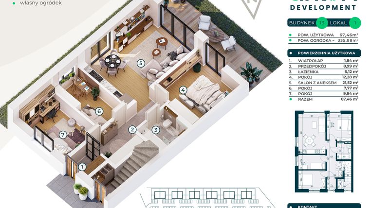 Rzut - Mieszkanie na sprzedaż 4 pokoje o powierzchni 67,46 m² - numer 13/1 w Nova Jurajska