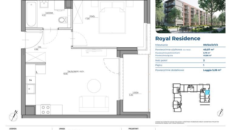 Rzut - Mieszkanie na sprzedaż 2 pokoje o powierzchni 40,07 m² - numer RR/6A/D/1/3 w Royal Residence 6A