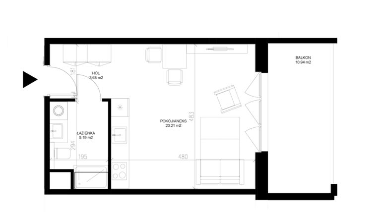 Rzut - Mieszkanie na sprzedaż 1 pokój o powierzchni 32,08 m² - numer G.1.5 w INSPIRE ETAP V – bud. F, G