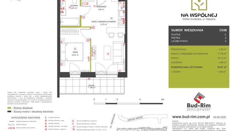 Rzut - Mieszkanie na sprzedaż 2 pokoje o powierzchni 36,67 m² - numer C38 w Na Wspólnej etap 2