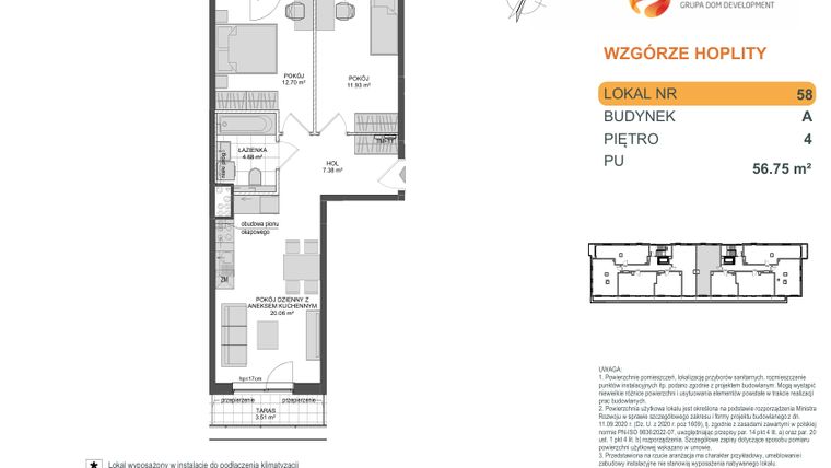 Rzut - Mieszkanie na sprzedaż 3 pokoje o powierzchni 56,75 m² - numer 1_1_A_4_58 w Wzgórze Hoplity