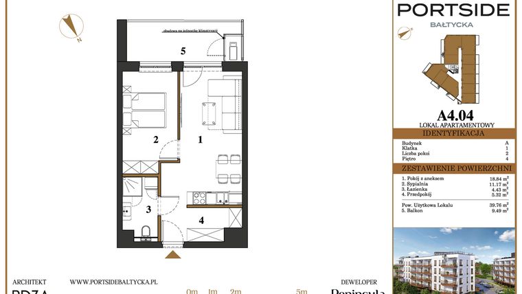 Rzut - Mieszkanie na sprzedaż 2 pokoje o powierzchni 39,76 m² - numer A4.04 w Portside Bałtycka