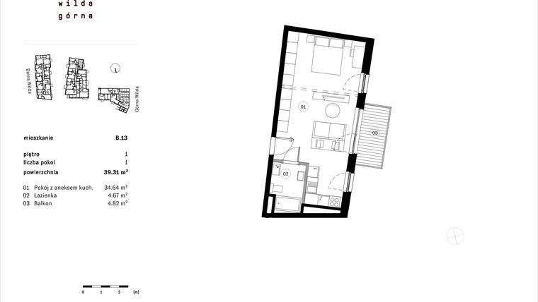 Rzut - Mieszkanie na sprzedaż 1 pokój o powierzchni 39,31 m² - numer B.13 w Dolna Górna Wilda