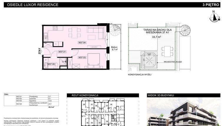 Rzut - Mieszkanie na sprzedaż 2 pokoje o powierzchni 45,5 m² - numer A1.37 w Luxor Residence