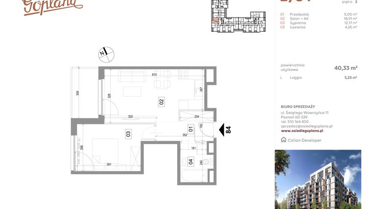 Rzut - Mieszkanie na sprzedaż 2 pokoje o powierzchni 40,7 m² - numer B84 w Goplana budynek B