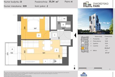 Rzut - Mieszkanie na sprzedaż 2 pokoje o powierzchni 35,34 m² - numer 39 w Dworzysko Park - Etap III