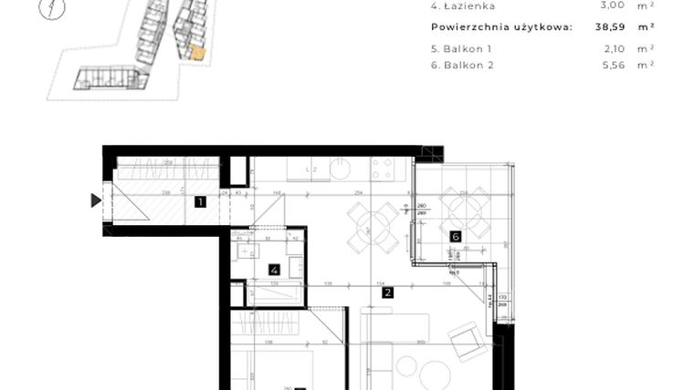 Rzut - Mieszkanie na sprzedaż 2 pokoje o powierzchni 38,59 m² - numer C.1.12 w Cisha Apartamenty Dziwnów