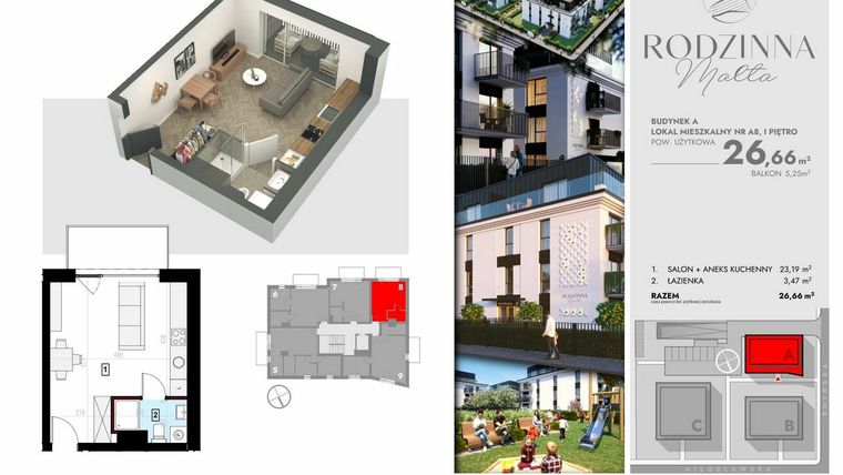 Rzut - Mieszkanie na sprzedaż 1 pokój o powierzchni 26,66 m² - numer A8 w Rodzinna Malta