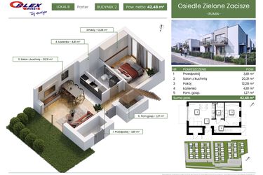Rzut - Mieszkanie na sprzedaż 2 pokoje o powierzchni 42,48 m² - numer 2B w Rumia Osiedle Zielone Zacisze