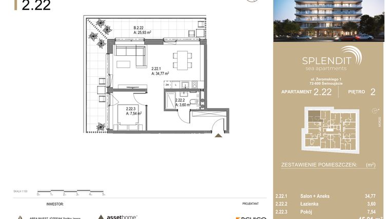 Rzut - Mieszkanie na sprzedaż 2 pokoje o powierzchni 45,91 m² - numer 2.22 w Splendit Świnoujście