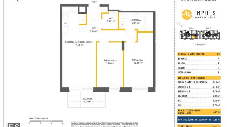 Rzut - Mieszkanie na sprzedaż 3 pokoje o powierzchni 59,19 m² - numer A/15 w Impuls Marywilska