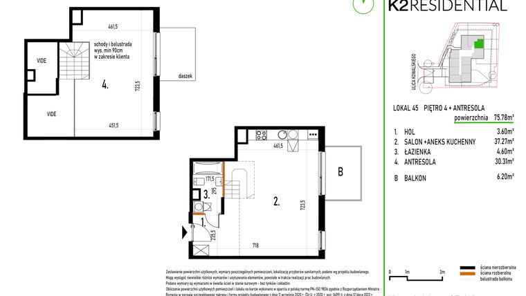 Rzut - Mieszkanie na sprzedaż 1 pokój o powierzchni 75,78 m² - numer 45 w Kowalskiego 37