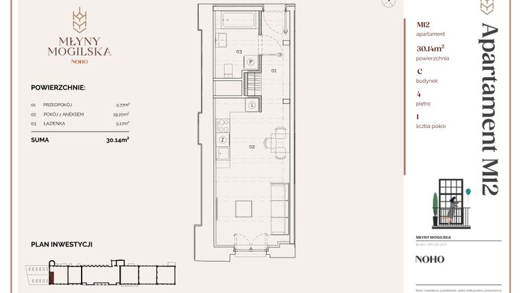 Rzut - Mieszkanie na sprzedaż 1 pokój o powierzchni 30,14 m² - numer C.12 w Młyny Mogilska