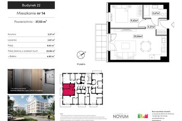 Rzut - Mieszkanie na sprzedaż 2 pokoje o powierzchni 37,53 m² - numer 14 w Novum Rumia - bud. 22