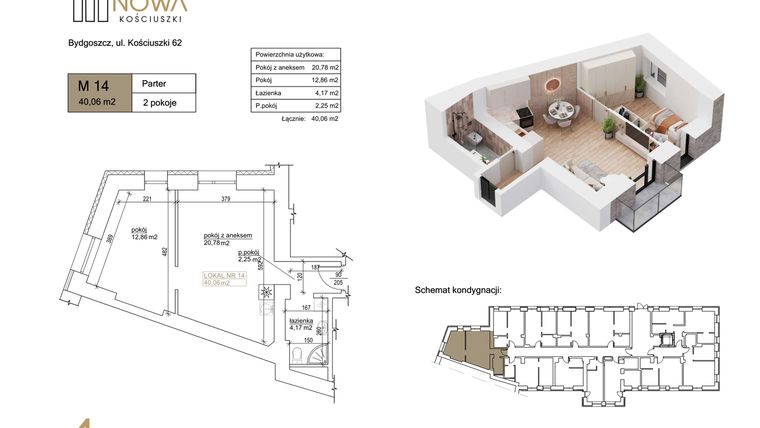 Rzut - Mieszkanie na sprzedaż 2 pokoje o powierzchni 40,06 m² - numer 14 w Nowa Kościuszki