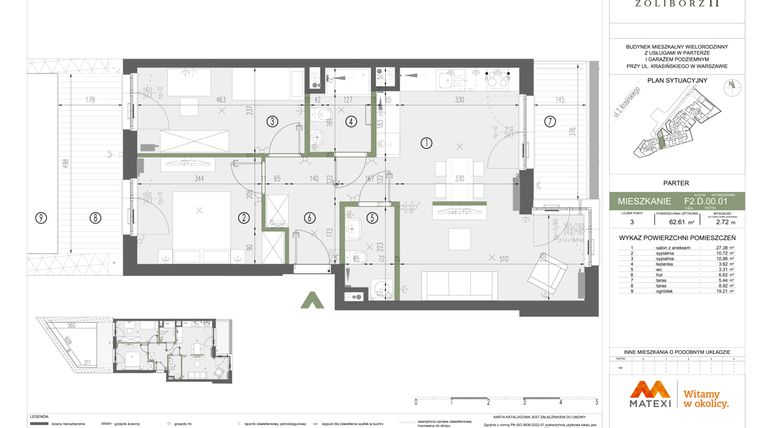 Rzut - Mieszkanie na sprzedaż 3 pokoje o powierzchni 62,77 m² - numer F2.D.00.01 w Sady Żoliborz II