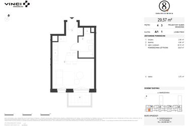 Rzut - Mieszkanie na sprzedaż 1 pokój o powierzchni 29,57 m² - numer A/1/4.3 w Smardzewska 8