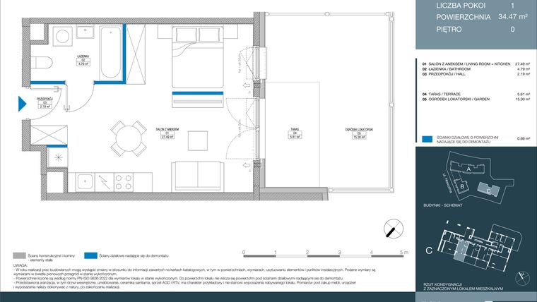 Rzut - Mieszkanie na sprzedaż 1 pokój o powierzchni 34,47 m² - numer C.1.1.1 w Meri Apartamenty