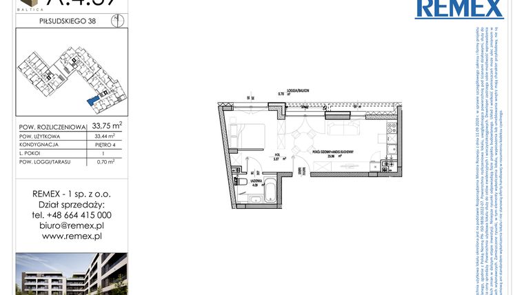 Rzut - Mieszkanie na sprzedaż 1 pokój o powierzchni 33,75 m² - numer A.4.39 w Osiedle BALTICA