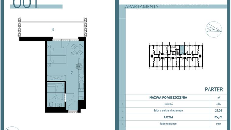 Rzut - Mieszkanie na sprzedaż 1 pokój o powierzchni 25,71 m² - numer 001 w Linea Mare Mrzeżyno