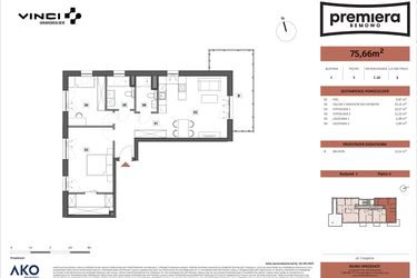 Rzut - Mieszkanie na sprzedaż 3 pokoje o powierzchni 75,66 m² - numer C.16 w Premiera Bemowo