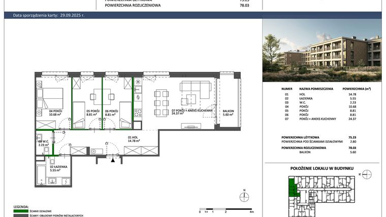 Rzut - Mieszkanie na sprzedaż 4 pokoje o powierzchni 75,23 m² - numer B-33 w Hillence etap 2