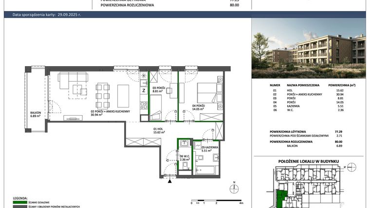 Rzut - Mieszkanie na sprzedaż 3 pokoje o powierzchni 77,29 m² - numer B-16 w Hillence etap 2