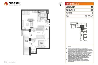 Rzut - Mieszkanie na sprzedaż 3 pokoje o powierzchni 60,6 m² - numer C9.42 w Konstelacja etap V