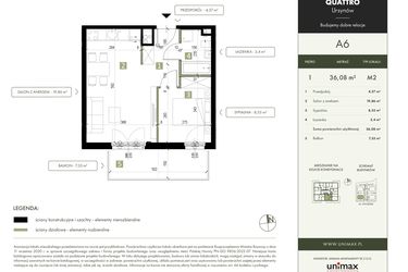 Rzut - Mieszkanie na sprzedaż 2 pokoje o powierzchni 36,08 m² - numer A6 w Quattro Ursynów