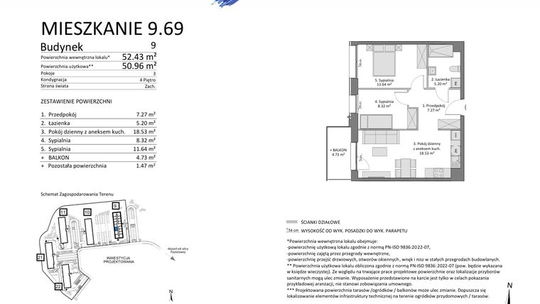 Rzut - Mieszkanie na sprzedaż 3 pokoje o powierzchni 50,96 m² - numer 9.69 w Osiedle Pastelowe etap IV