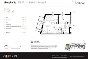Rzut - Mieszkanie na sprzedaż 3 pokoje o powierzchni 51,86 m² - numer K1.16 w Korkowa 146