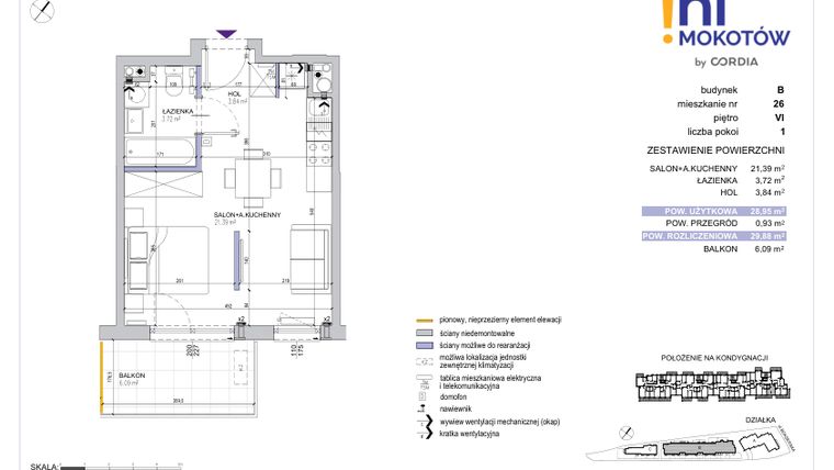 Rzut - Mieszkanie na sprzedaż 1 pokój o powierzchni 29,88 m² - numer A1.B.26 w Hi Mokotów