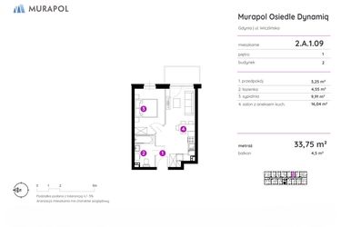 Rzut - Mieszkanie na sprzedaż 2 pokoje o powierzchni 33,75 m² - numer 2.A.1.09 w Murapol Osiedle Dynamiq