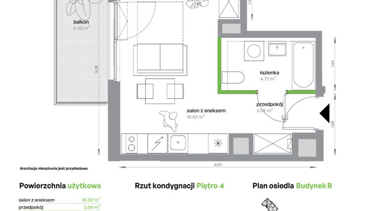 Rzut - Mieszkanie na sprzedaż 1 pokój o powierzchni 25,83 m² - numer BA0405/4 w M Bemowo