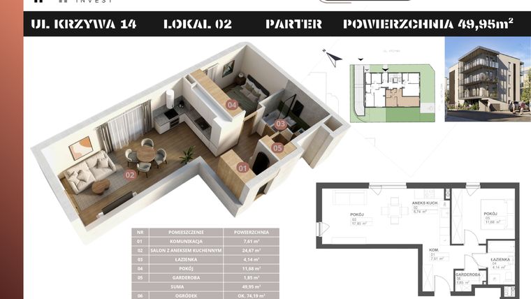 Rzut - Mieszkanie na sprzedaż 2 pokoje o powierzchni 49,95 m² - numer M2 w Stacja Krzywa