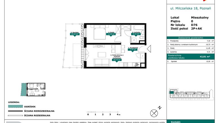 Rzut - Mieszkanie na sprzedaż 2 pokoje o powierzchni 42,81 m² - numer D76 w Milczańska 18