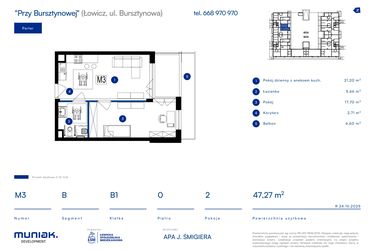 Rzut - Mieszkanie na sprzedaż 2 pokoje o powierzchni 47,27 m² - numer 3B w Przy Bursztynowej