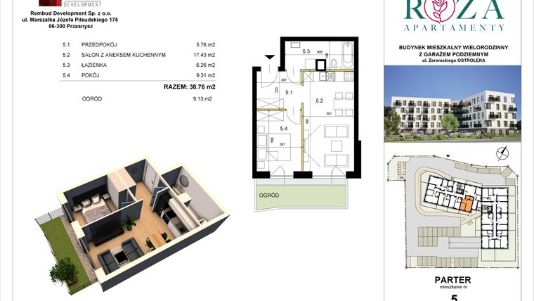 Rzut - Mieszkanie na sprzedaż 2 pokoje o powierzchni 38,76 m² - numer M  5 w Apartamenty Róża