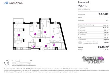 Rzut - Mieszkanie na sprzedaż 2 pokoje o powierzchni 88,55 m² - numer 2.A.3.09 w Murapol Agosto