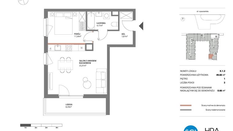 Rzut - Mieszkanie na sprzedaż 2 pokoje o powierzchni 49,65 m² - numer K.1.2 w Łopuszańska 47 - etap 3