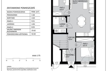 Rzut - Mieszkanie na sprzedaż 3 pokoje o powierzchni 53,5 m² - numer D11 w Kowalove etap 2
