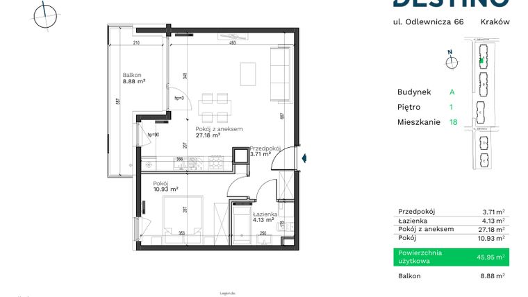 Rzut - Mieszkanie na sprzedaż 2 pokoje o powierzchni 45,95 m² - numer A-18 w Destino