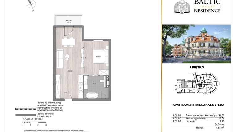 Rzut - Mieszkanie na sprzedaż 2 pokoje o powierzchni 54,34 m² - numer 1.09 w Baltic Luxury Residence