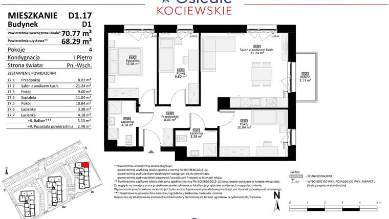 Rzut - Mieszkanie na sprzedaż 4 pokoje o powierzchni 68,29 m² - numer D1.17 w Osiedle Kociewskie etap III