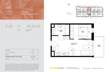 Rzut - Mieszkanie na sprzedaż 2 pokoje o powierzchni 35,16 m² - numer M32_NF.c w Nowe Flisy II