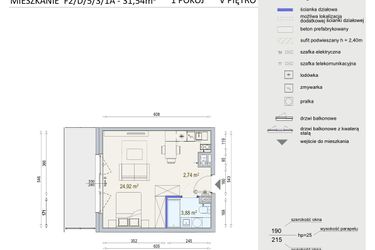 Rzut - Mieszkanie na sprzedaż 1 pokój o powierzchni 31,54 m² - numer D/5/3/1A w Modern Mokotów bud. F1 i F2